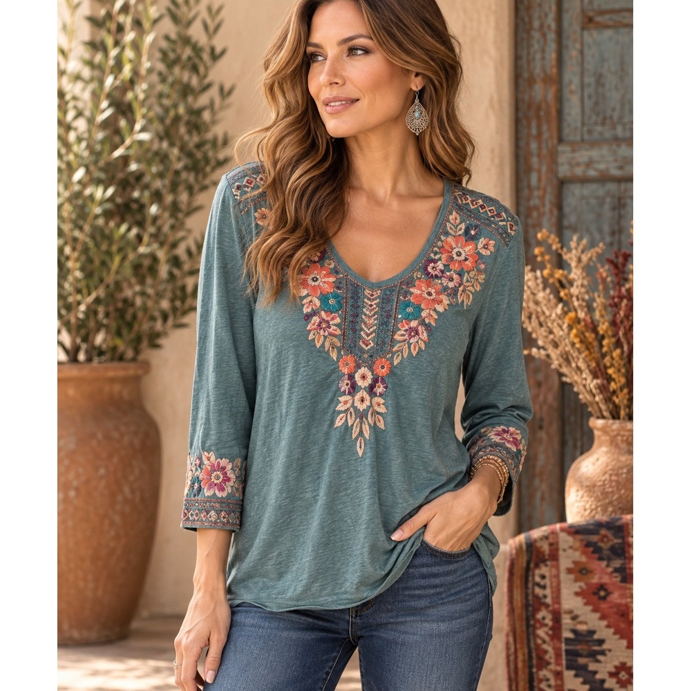 Johnny Was Embroidered Tunic Top Womens M Gray Floral Boho 3/4 Sleeve